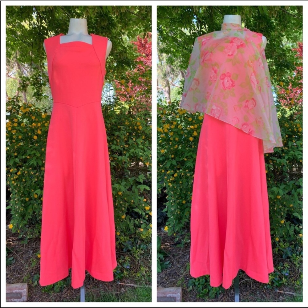 Vintage 70’s Hot Pink Maxi Dress Sheer Floral Cape